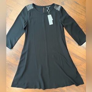 NWT EILEEN FISHER Black Bateau Sequin Silk Georgette Crepe Knee Length Dress XS